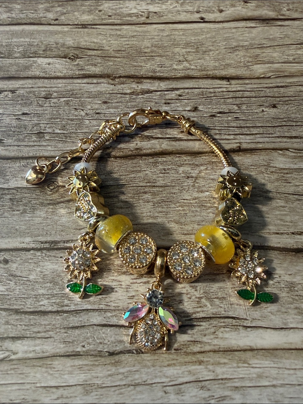 Gold-Tone Yellow Bead Charm Bracelet with Crystal Flower and Owl Charms